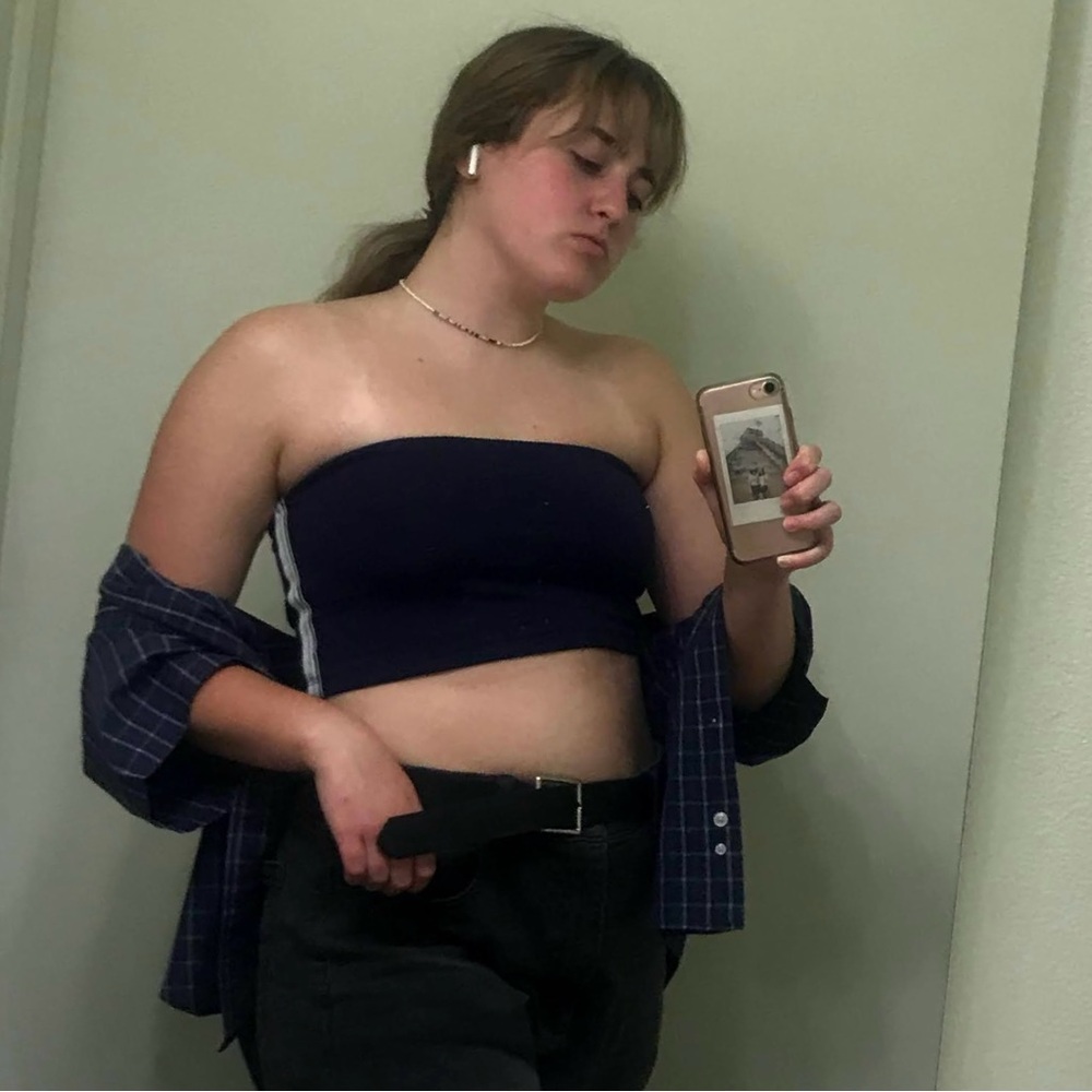 Navy Aerie tube top with striped detailing